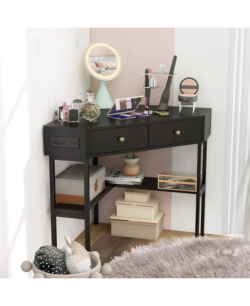 Mecale Space Saving Corner Computer Desk with 2 Large Drawers