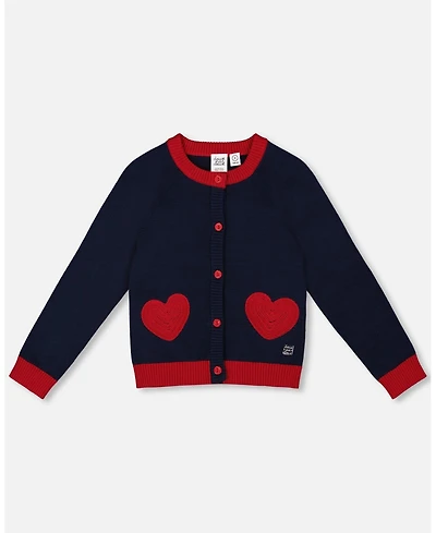 Deux par Big Girls Knitted Cardigan Navy Blue with Red Embroidered Hearts