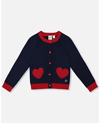 Deux par Big Girls Knitted Cardigan Navy Blue with Red Embroidered Hearts