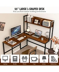 Mecale Industrial L-Shaped Desk Bookshelf 55 Inch Corner Computer Gaming Table