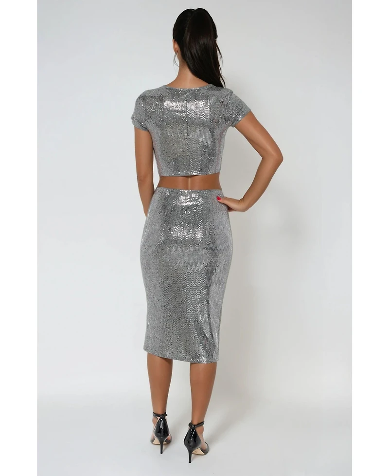 Bebe Women's Two Piece Disco Dot Top With Midi Skirt