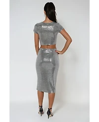 Bebe Women's Two Piece Disco Dot Top With Midi Skirt