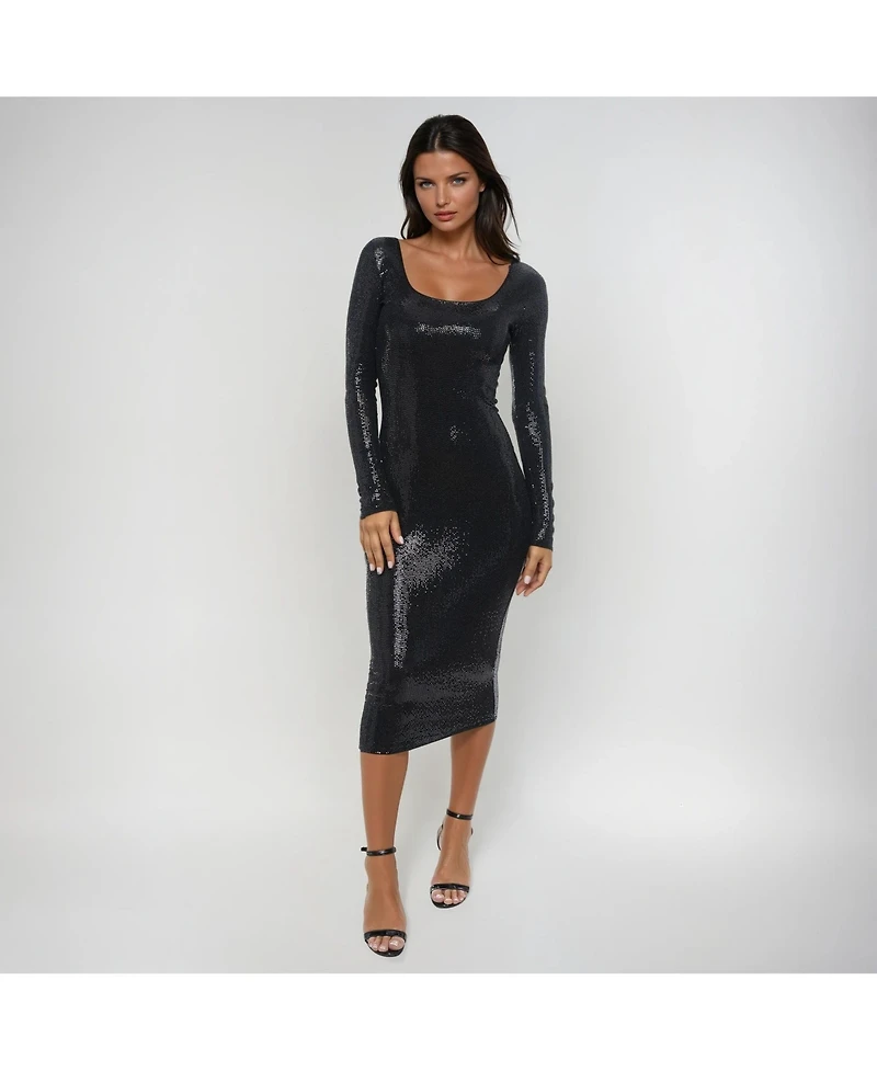 bebe Women's Long Sleeve Square Neck Disco Dot Maxi Dress