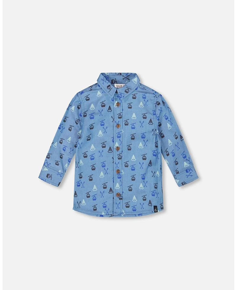 Deux par Boy Printed Long Sleeve Button Front Chambray Shirt Blue - Toddler|Child