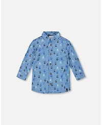 Deux par Boy Printed Long Sleeve Button Front Chambray Shirt Blue - Toddler|Child
