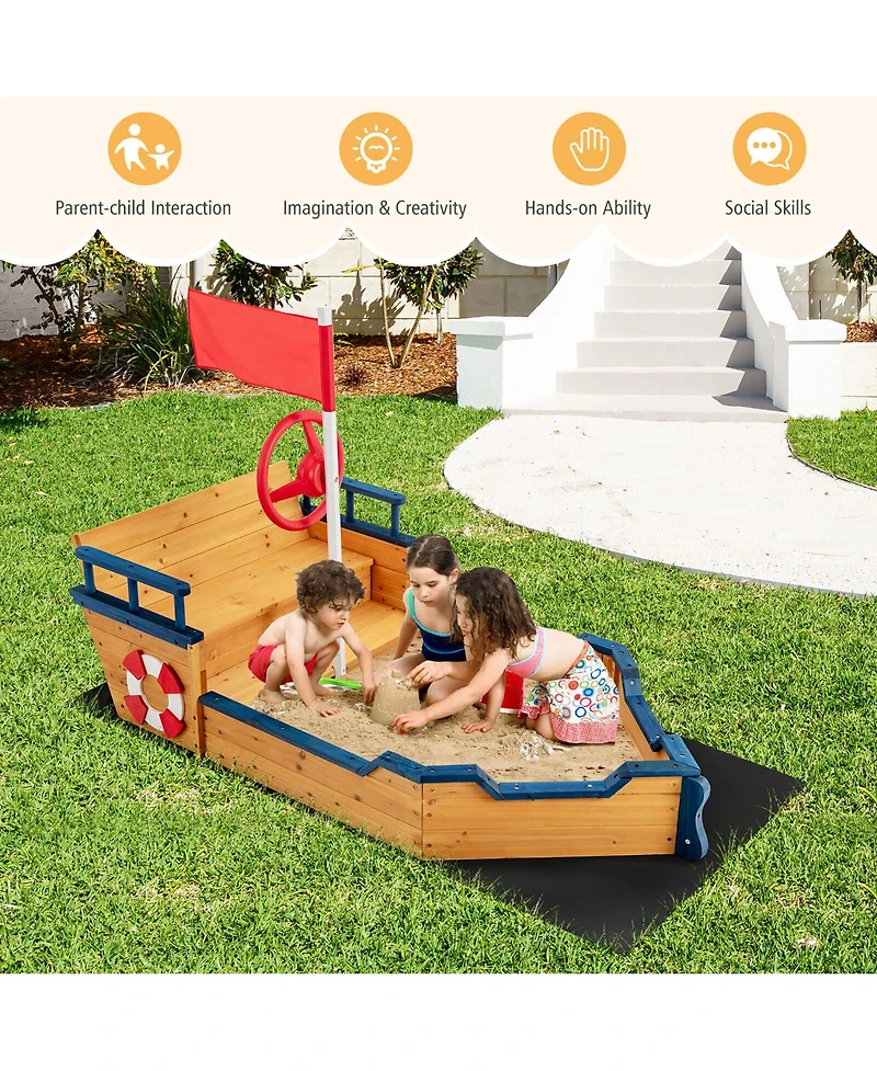 Gymax Toddler Pirate Boat Wooden Sandbox Non-Woven Fabric Liner Children Outdoor Playset