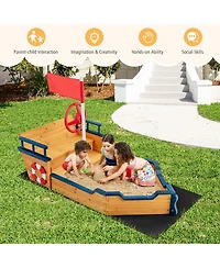 Gymax Toddler Pirate Boat Wooden Sandbox Non-Woven Fabric Liner Children Outdoor Playset
