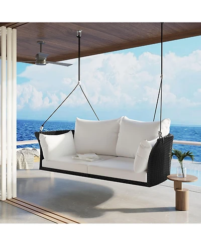 Flynama Go 51.9" 2-Person Hanging Seat, Rattan Woven Swing Chair, Porch Swing With Ropes, Black Wicker And White Cushion