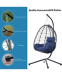 37 Inch Wicker Egg Swing Chair with Stand 350LB Capacity and Removable Cushion