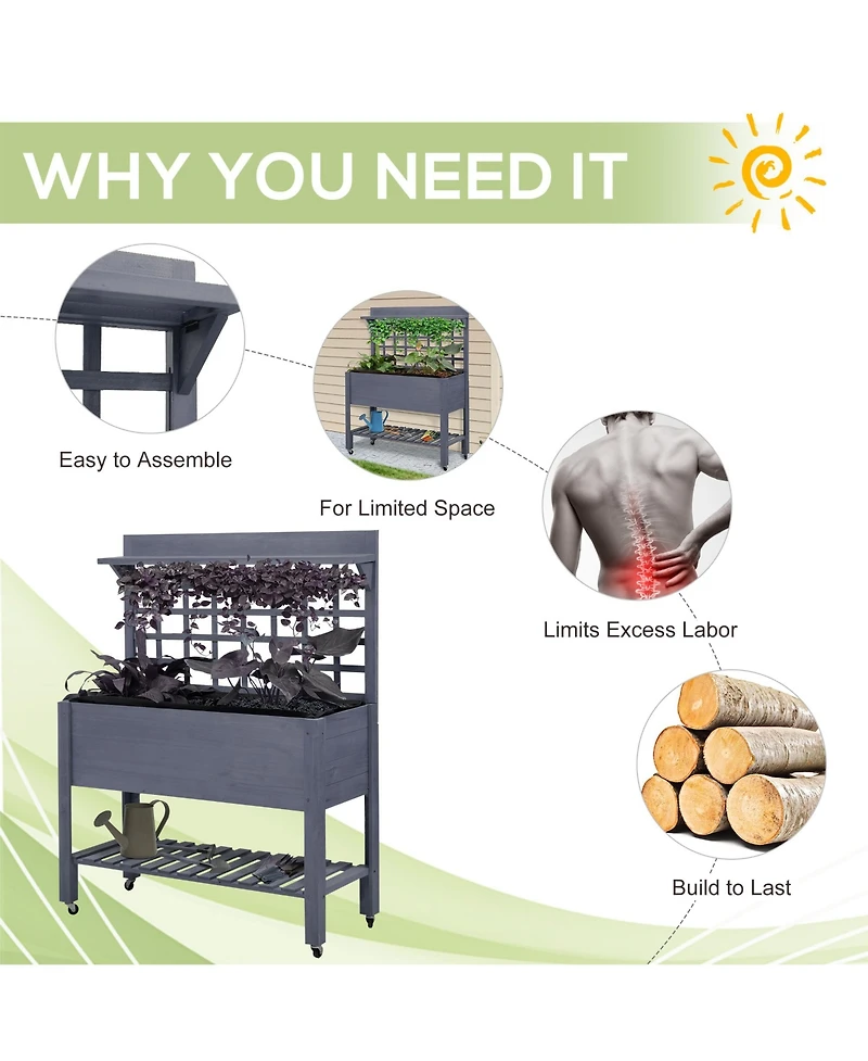 Outsunny 41" Raised Garden Bed with Wheels, Trellis & Storage Shelves,