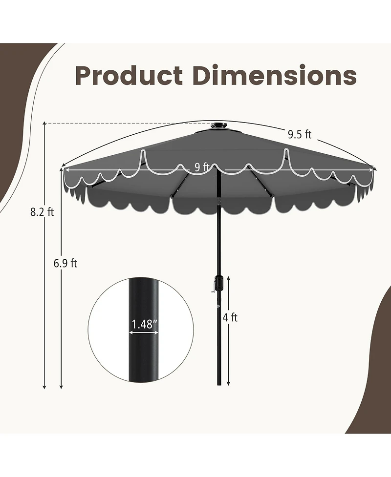 Gymax 9.3 Ft Solar Patio Umbrella w/ 32 Led Lights & Vented Top & Ruffles