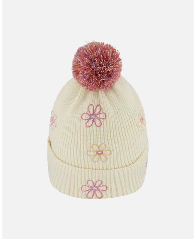 Deux par Girl Lined Knit Pompom Hat Off-White and Pink - Toddler|Child