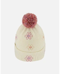 Deux par Girl Lined Knit Pompom Hat Off-White and Pink - Toddler|Child