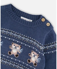 Deux par Baby Boys Knitted Jacquard Sweater and Pant Set Blue Gray with Bears