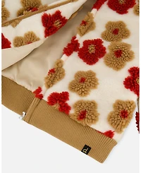 Deux par Girl Full Zip Sherpa Jacket with Jacquard Floral Pattern Beige and Red