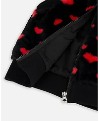 Deux par Girl Faux Fur Sleeveless Vest Black and Red with Hearts - Child