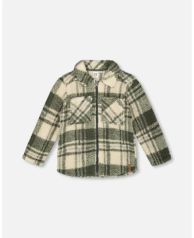 Deux par Boy Sherpa Long Sleeve Zip Front Overshirt Sage and Beige Plaid - Child