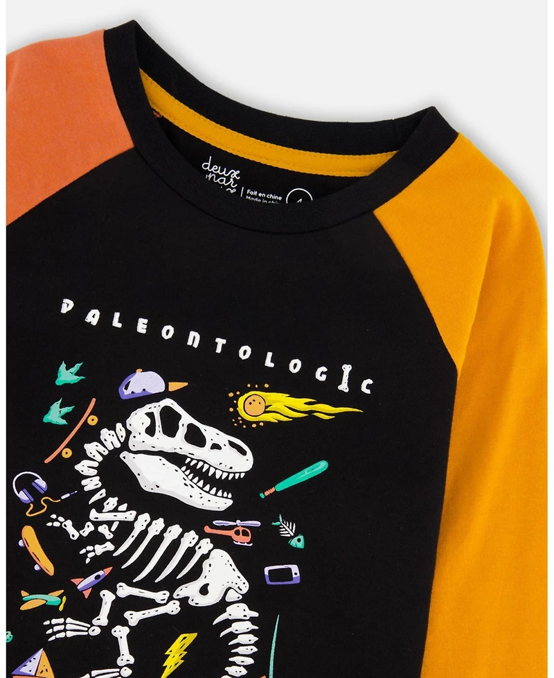 Deux par Boy Black Long Sleeve Raglan T-Shirt with Glow-In-The-Dark Dinosaur Print