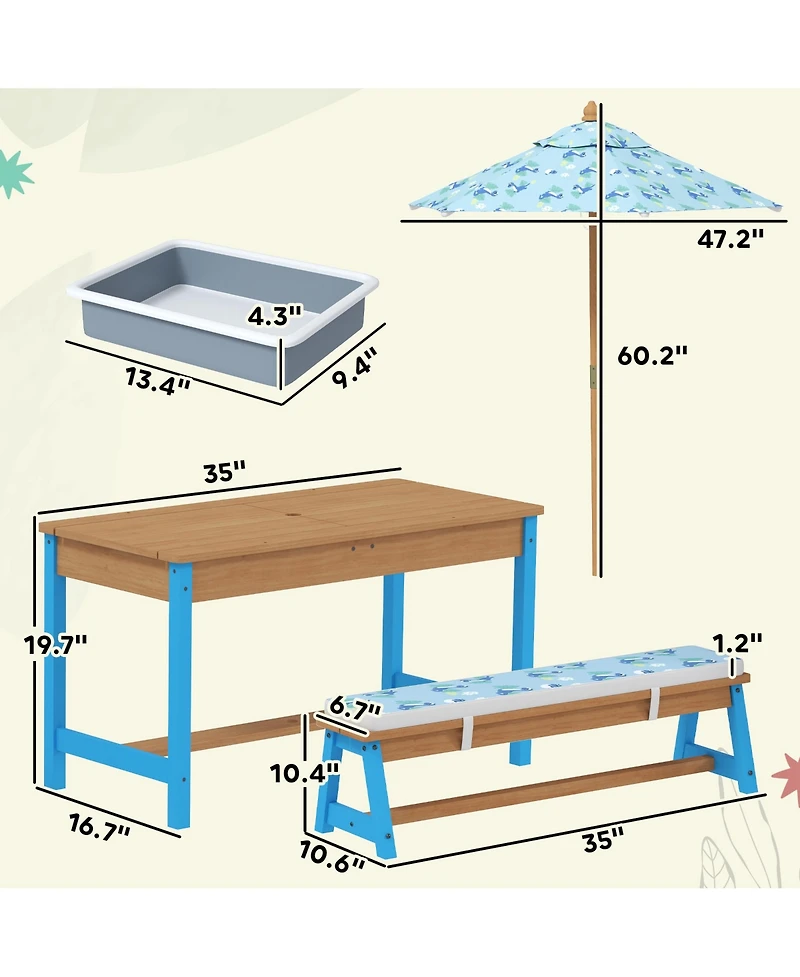 Qaba Kids Picnic Table, Wooden Table and Bench Set with Umbrella,