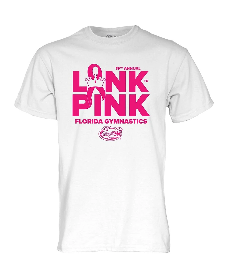 Blue 84 Men's and Women's White Florida Gators 2025 Gymnastics Link to Pink T-Shirt