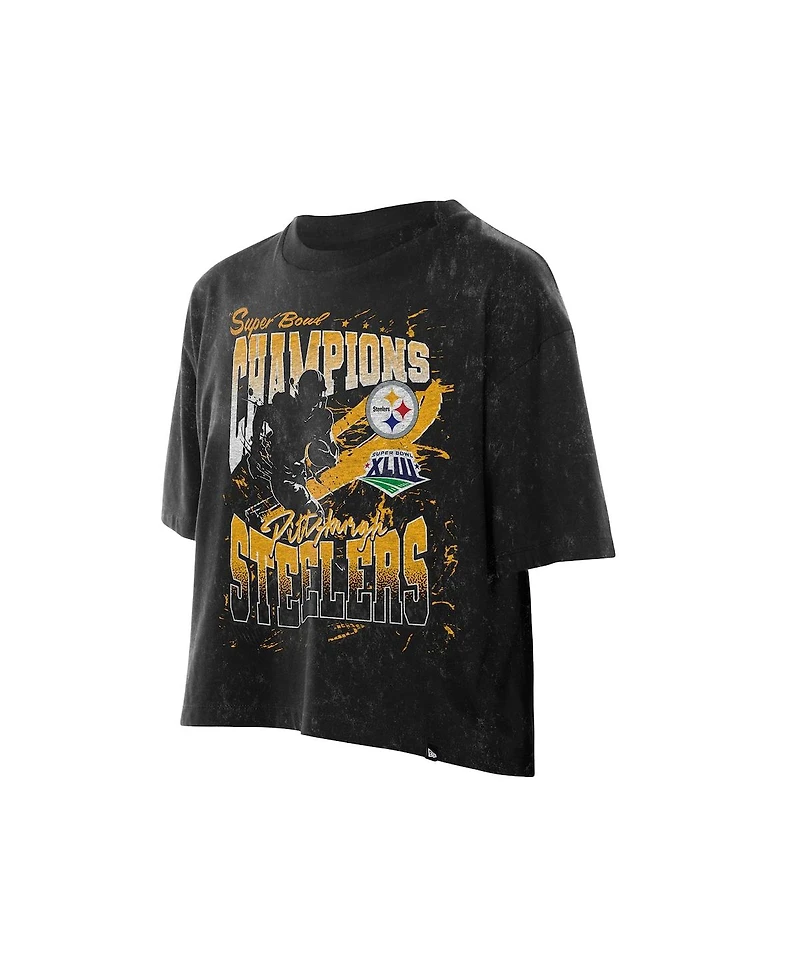 New Era Women's Black Pittsburgh Steelers Cropped Boxy Sport Classics Mineral Wash T-Shirt