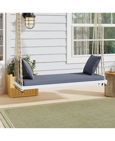Patio Wooden Swing Chair, Hanging Porch Swing Bench with Cushion&Pillows, 10.8Ft Hemp Ropes for Garden,Backyard, Lawn,White