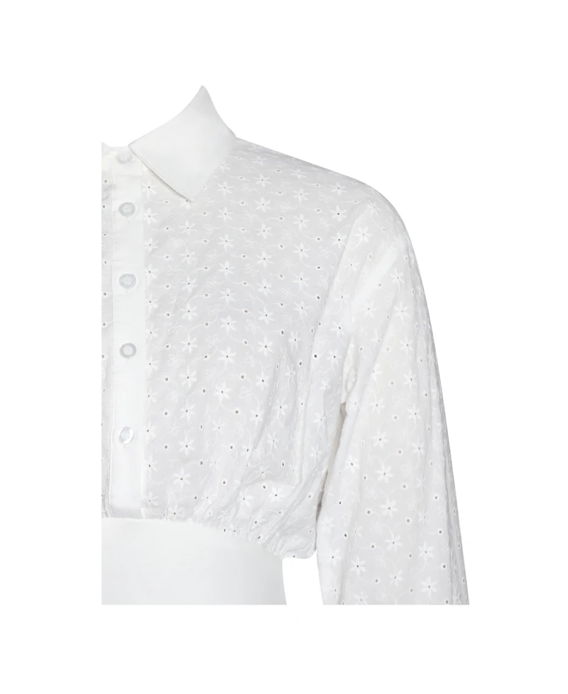 Miss Circle Women's Gabriella White Cotton Eyelet Button Up Long Sleeve Shirt Dress
