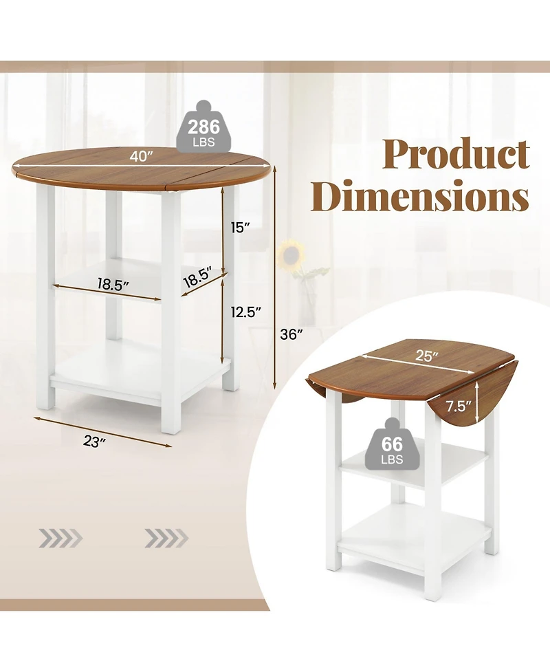 Volenca Folding Round Dining Table Drop Leaf Table with 2 Shelves for Small Spaces-White