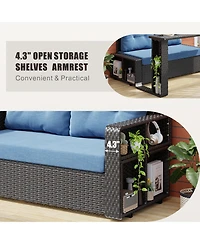 Vlsrka Convertible Foldable Wicker Outdoor Sofa with Storage Shelves