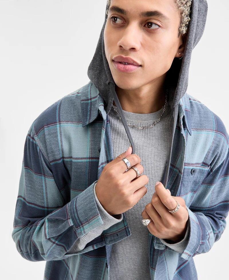 Sun + Stone Men's Irving Layered-Look Hooded Cotton Flannel Plaid Shirt, Macy's Exclusive