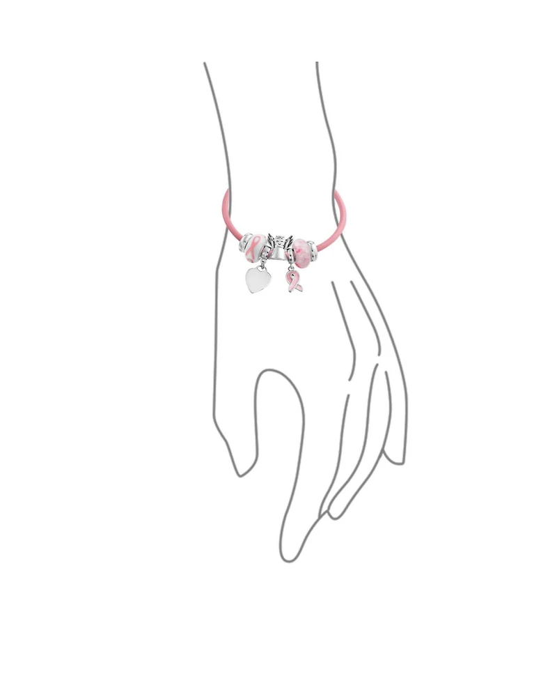 Bling Jewelry Support Breast Cancer Survivor Pink Ribbon Bead Charm Leather Bracelet .925 Silver