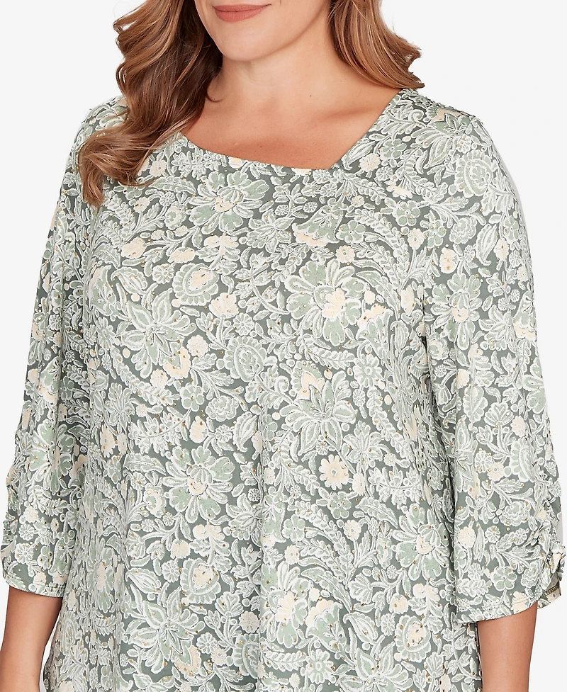 Ruby Rd. Plus Floral Dew Drop Ruched Sleeves Top