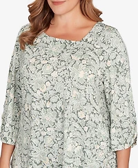 Ruby Rd. Plus Floral Dew Drop Ruched Sleeves Top
