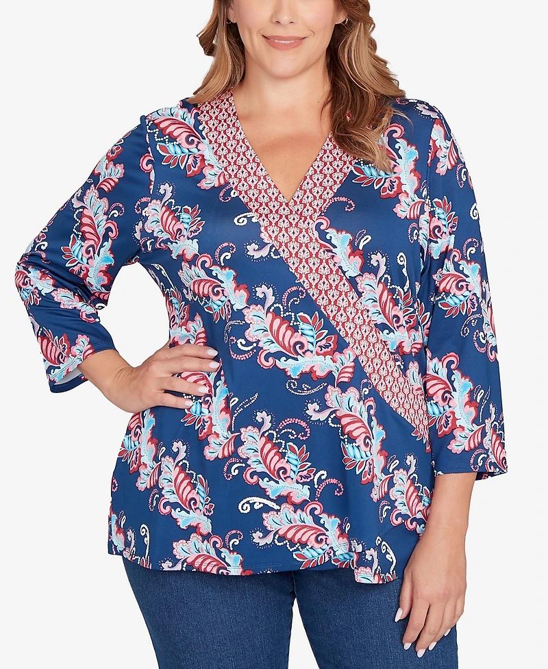 Ruby Rd. Plus Ikat Floral Puff Print Surplice Top