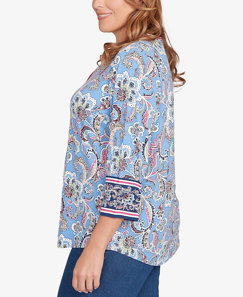 Ruby Rd. Plus Stripe Trim Paisley Henley Top
