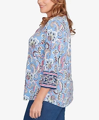 Ruby Rd. Plus Stripe Trim Paisley Henley Top