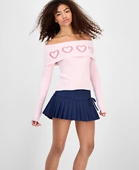 Madden Girl Juniors' Jacquard-Heart Off-The-Shoulder Sweater