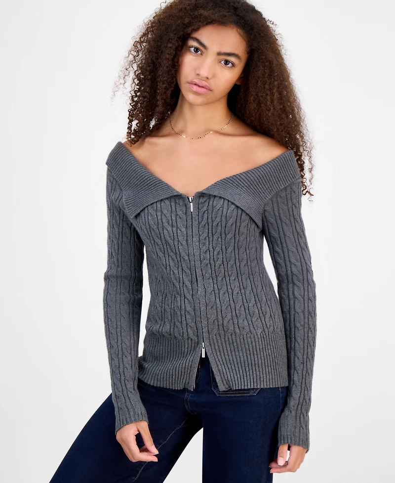 Hooked Up by Iot Juniors' Spread-Collar Cable-Knit Cardigan