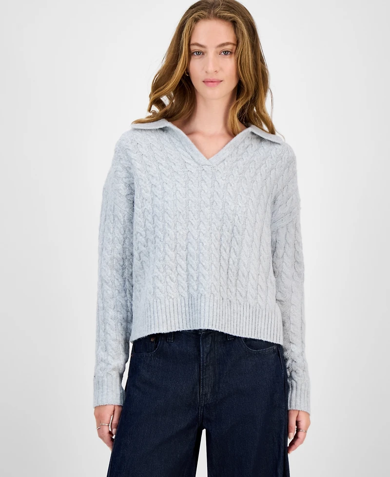 Hooked Up by Iot Juniors' Split-Neck Cable-Knit Sweater