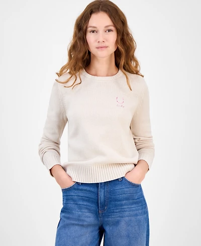 Just Polly Juniors' Embroidered Novelty Crewneck Sweater