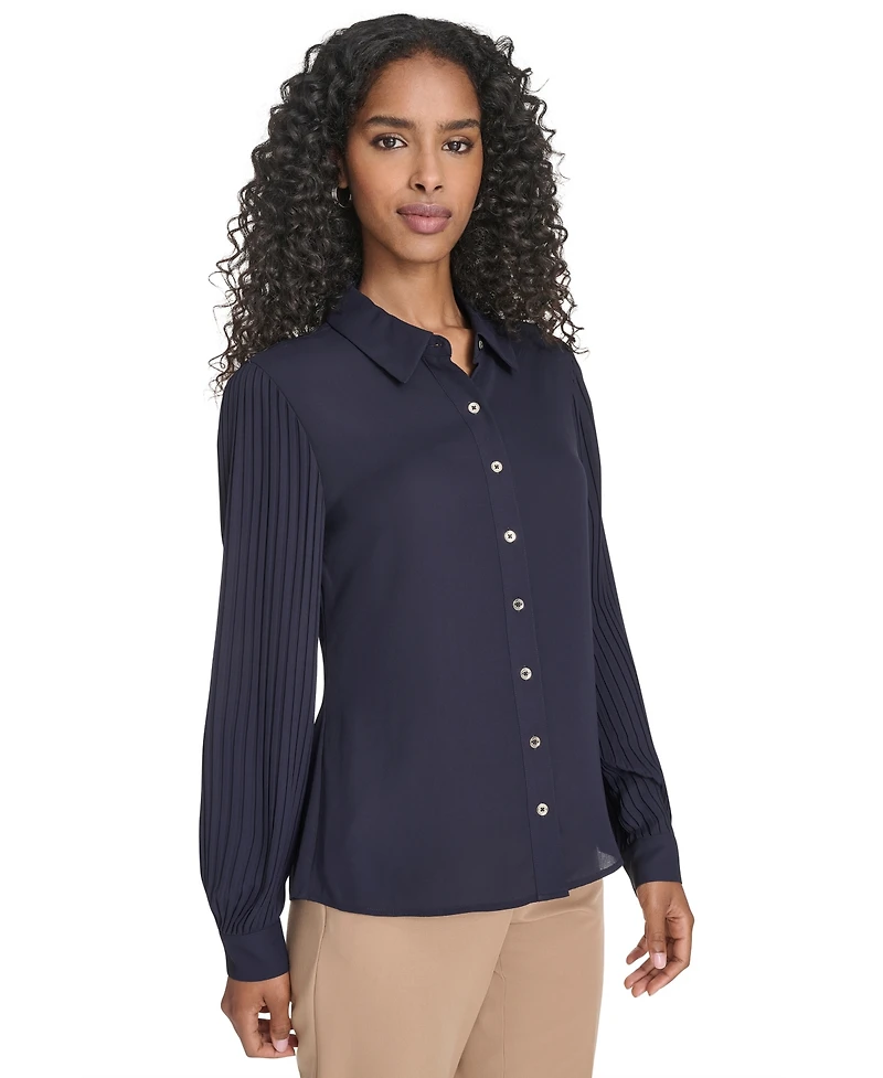 Tommy Hilfiger Women's Pleated Sleeve Button Up Blouse