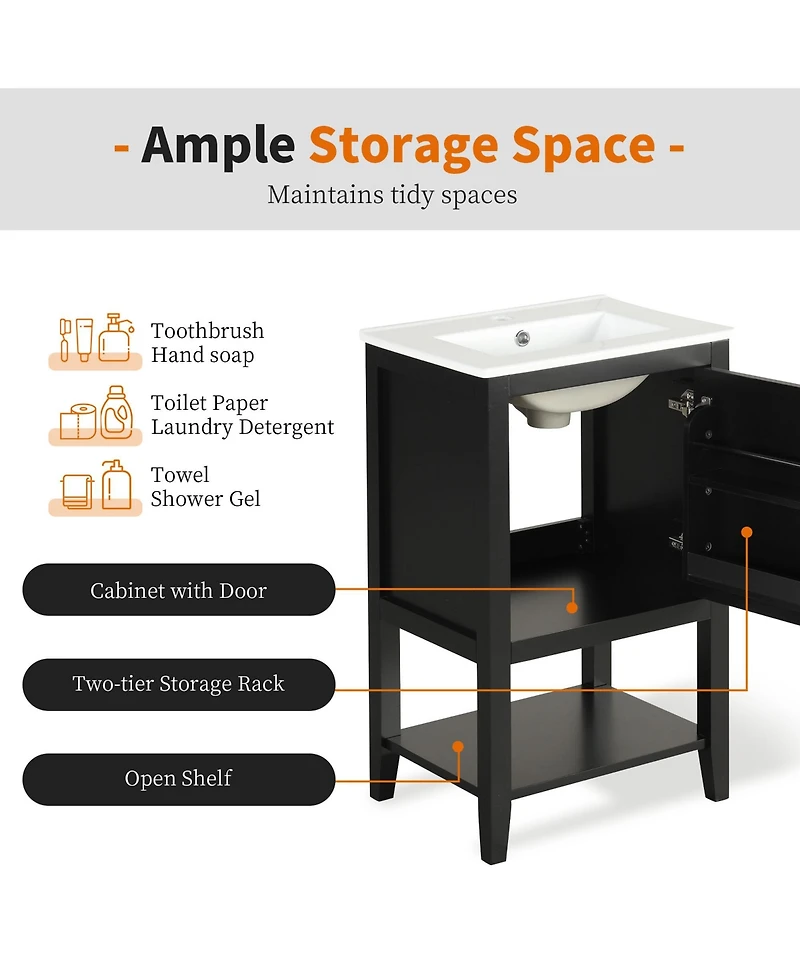 Casainc 20" Vanity with Sink and Soft-Close Door, Bathroom Cabinet with Storage Rack and Open Shelf