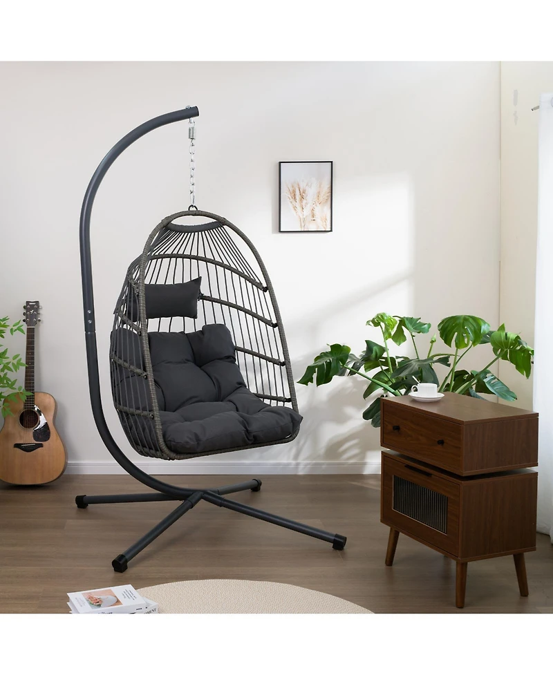 Flynama Outdoor Egg Hanging Chair with Stand, Patio Wicker Swing Egg Chair Indoor Swinging Chair Outdoor Hammock Egg Chair