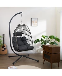 Flynama Outdoor Egg Hanging Chair with Stand, Patio Wicker Swing Egg Chair Indoor Swinging Chair Outdoor Hammock Egg Chair