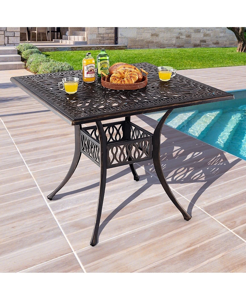 Gymax 35.4'' Patio Square Dining Table Cast Aluminum Umbrella Hole All-weather Outdoor