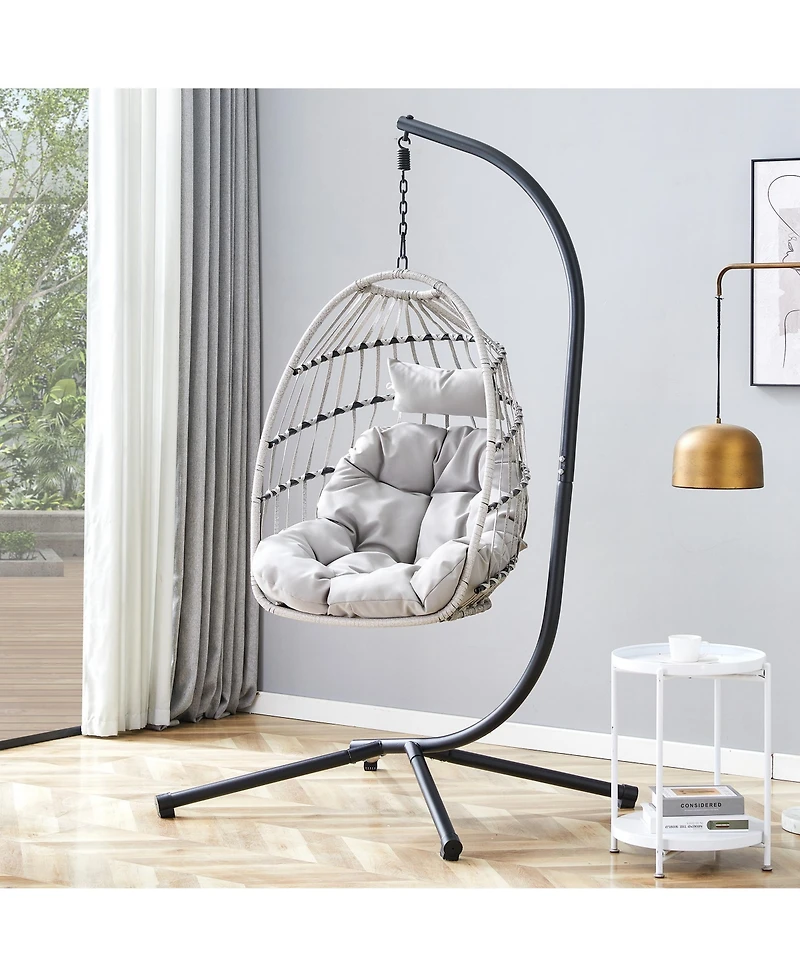 Duty Iron Hanging Chair with Wicker Weave – Single Person Swing for Indoor/Outdoor (Gray)