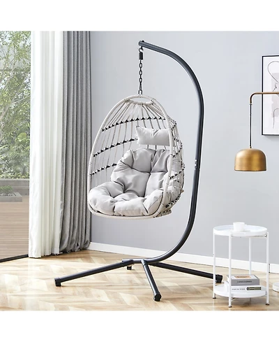 Duty Iron Hanging Chair with Wicker Weave – Single Person Swing for Indoor/Outdoor (Gray)