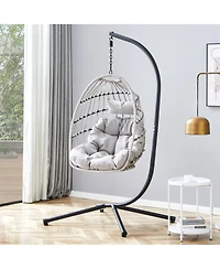 Duty Iron Hanging Chair with Wicker Weave – Single Person Swing for Indoor/Outdoor (Gray)