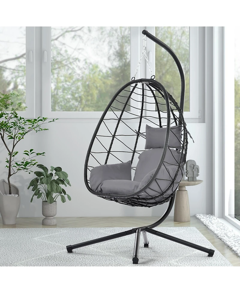 Flynama Egg Chair with Stand Indoor Outdoor Swing Chair Patio Wicker Hanging Egg Chair Hanging Basket Chair Hammock Chair with Stand for Bedroom Livin