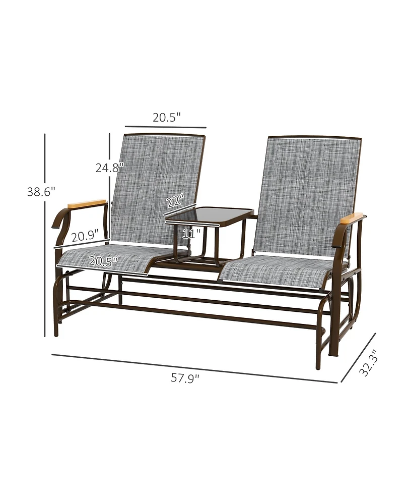 2 Person Outdoor Glider Bench, Patio Swing Glider Chair Loveseat with Breathable Mesh, Table, Steel Frame for Garden, Backyard, Porch, Gray